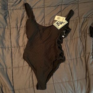 California Sunshine- Black Textured One-Piece Swimsuit, Bow Side Detail